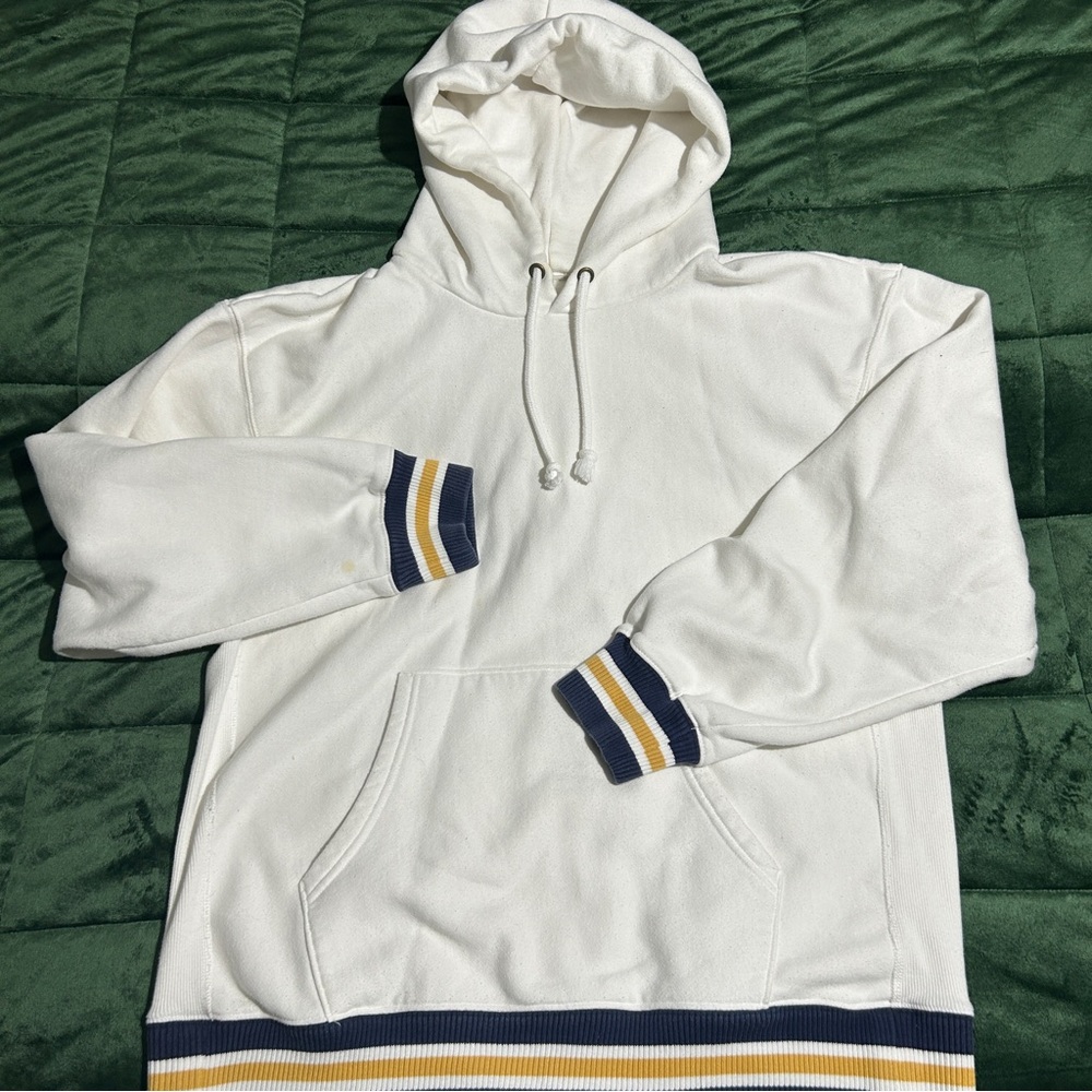 GU Hoodie Sweatshirt Mens XL White Fleece Lined w/ Pocket Pullover Striped Band